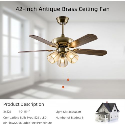 KAISITE 42-Inch Ceiling Fan, Rustic Flush Mount Ceiling Fan with Pull Chain Control and Frosted Glass Lampshade, Low Profile Ceiling Fan with E26 Bulb Socket and 4 Plywood Blades (