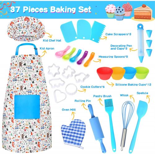  [아마존베스트]KALUDYA Kids Cooking and Baking Set,37 Pcs Cooking Kit with Kids Chef Hat and Apron, Oven Mitt,Cookie Cutters,Kids Cooking Utensils & Baking Supplies Gift for 3-8 Year Old Girls,To