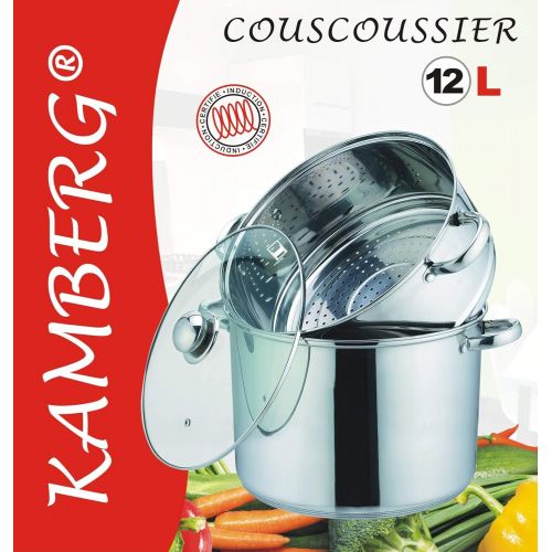  Kamberg 0008073 3-in-1 Couscous-/Dampfkochtopf, Durchmesser 28 cm, 12 Liter, hochwertiger Edelstahl, Glasdeckel, fuer alle Herdarten geeignet, auch Induktion