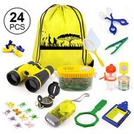 [아마존베스트]KAQINU Kids Explorer Kit, 24 PCS Outdoor Adventure Camping Kit & Bug Catcher Kit with Drawstring Bag, Binoculars, Compass, Butterfly Net, Educational Nature Exploration Toys Gift f