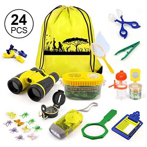  [아마존베스트]KAQINU Kids Explorer Kit, 24 PCS Outdoor Adventure Camping Kit & Bug Catcher Kit with Drawstring Bag, Binoculars, Compass, Butterfly Net, Educational Nature Exploration Toys Gift f