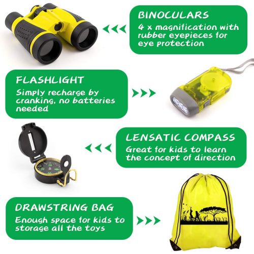  [아마존베스트]KAQINU Kids Explorer Kit, 24 PCS Outdoor Adventure Camping Kit & Bug Catcher Kit with Drawstring Bag, Binoculars, Compass, Butterfly Net, Educational Nature Exploration Toys Gift f