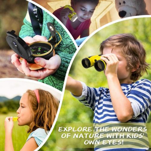  [아마존베스트]KAQINU Kids Explorer Kit, 24 PCS Outdoor Adventure Camping Kit & Bug Catcher Kit with Drawstring Bag, Binoculars, Compass, Butterfly Net, Educational Nature Exploration Toys Gift f