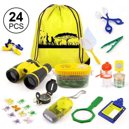  [아마존베스트]KAQINU Kids Explorer Kit, 24 PCS Outdoor Adventure Camping Kit & Bug Catcher Kit with Drawstring Bag, Binoculars, Compass, Butterfly Net, Educational Nature Exploration Toys Gift f