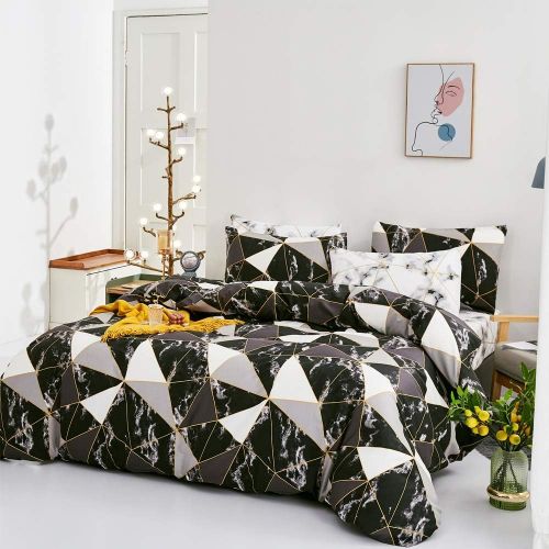  [아마존베스트]karever Black Marble Bedding Duvet Cover Set Twin Kids Gold Triangle Geometric Duvet Covers Cotton Comforter Cover Sets for Children Boys Girls Teens