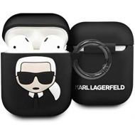 [아마존베스트]Karl Lagerfeld Protective Case Compatible with AirPods 1 and 2  Silicone Case  Carabiner Hook  Karl Head in Relief (Black)