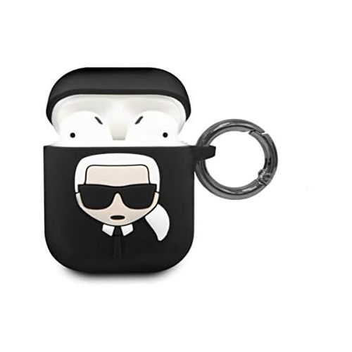  [아마존베스트]Karl Lagerfeld Protective Case Compatible with AirPods 1 and 2  Silicone Case  Carabiner Hook  Karl Head in Relief (Black)