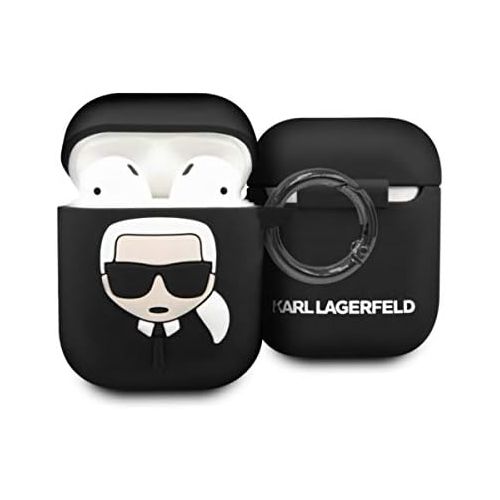  [아마존베스트]Karl Lagerfeld Protective Case Compatible with AirPods 1 and 2  Silicone Case  Carabiner Hook  Karl Head in Relief (Black)