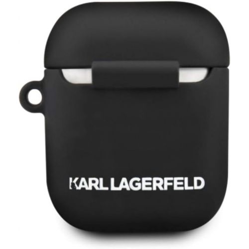  [아마존베스트]Karl Lagerfeld Protective Case Compatible with AirPods 1 and 2  Silicone Case  Carabiner Hook  Karl Head in Relief (Black)