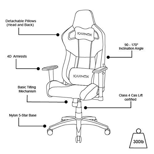  KARNOX Legend BK Black Racing Style Gaming Office Chair with Adjustable Height and Armrests, Ergonomic 170° Reclining, Locking High Back with Integrated Headrest