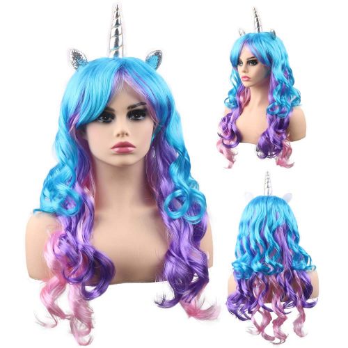  KASTE kaste Women Princess Rainbow Unicorn Wig Long Curly Hair Wigs Halloween Party Cosplay