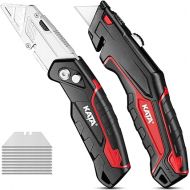 KATA 2Pack Utility Knife Box Cutter Retractable Folding Razor Knife Set Heavy Dudy Safety Cutter, 10pcs SK5 Sharp Blades Included, Red