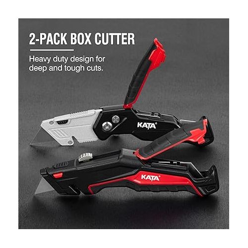  KATA 2Pack Utility Knife Box Cutter Retractable Folding Razor Knife Set Heavy Dudy Safety Cutter, 10pcs SK5 Sharp Blades Included, Red