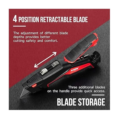  KATA 2Pack Utility Knife Box Cutter Retractable Folding Razor Knife Set Heavy Dudy Safety Cutter, 10pcs SK5 Sharp Blades Included, Red