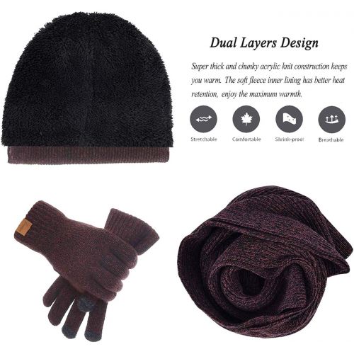  [아마존 핫딜] KATA Mens Winter Beanie Hat Neck Warmer Scarf and Touchscreen Gloves Set 3 Pcs Fleece Lined Skull Knit Cap for Women