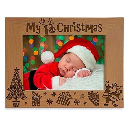  [아마존베스트]Kate Posh My 1st Christmas Picture Frame, My First, Babys 1st Christmas, New Baby, Santa & Me Engraved Natural Wood Photo Frame (4x6-Horizontal - Classic)