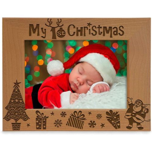  [아마존베스트]Kate Posh My 1st Christmas Picture Frame, My First, Babys 1st Christmas, New Baby, Santa & Me Engraved Natural Wood Photo Frame (4x6-Horizontal - Classic)