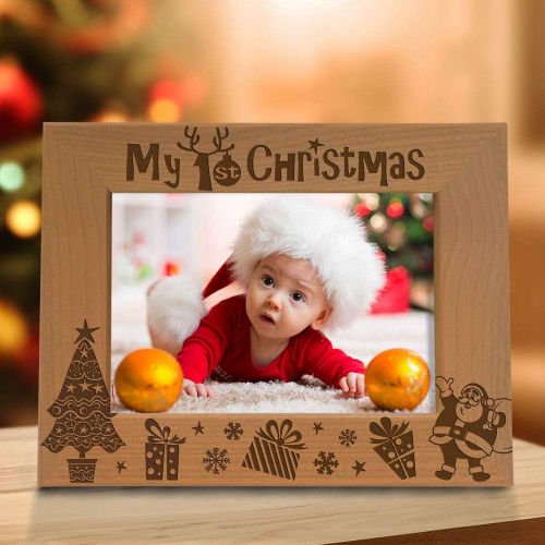  [아마존베스트]Kate Posh My 1st Christmas Picture Frame, My First, Babys 1st Christmas, New Baby, Santa & Me Engraved Natural Wood Photo Frame (4x6-Horizontal - Classic)