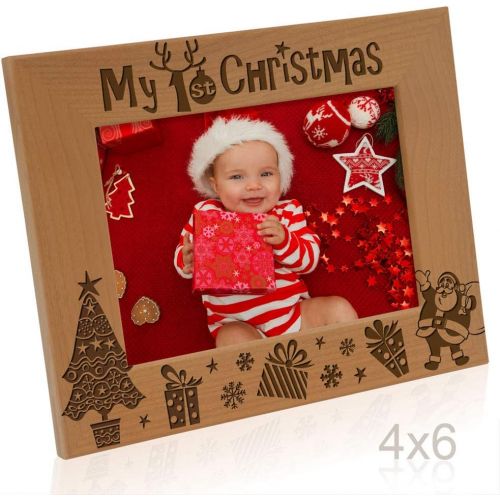  [아마존베스트]Kate Posh My 1st Christmas Picture Frame, My First, Babys 1st Christmas, New Baby, Santa & Me Engraved Natural Wood Photo Frame (4x6-Horizontal - Classic)