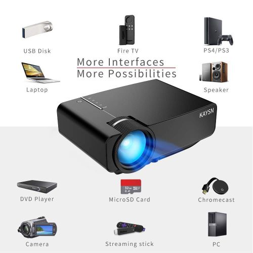  KAYSN Mini Projector,Supports 200-inch and 1080P Video Projectors,Kaysn 50000 Hours Multimedia Home Theater Movie Projector,Compatible with Fire TV Stick,HDMI,VGA,TF, AV,USB,Laptop and S
