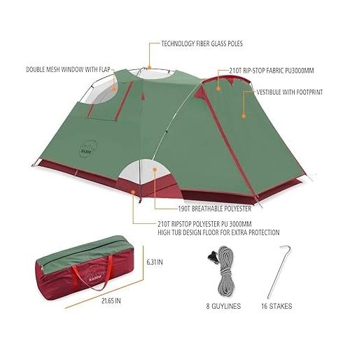  KAZOO 2／4 Person Camping Tent Outdoor Waterproof Family Large Tents 2/4 People Easy Setup Tent with Porch Double Layer