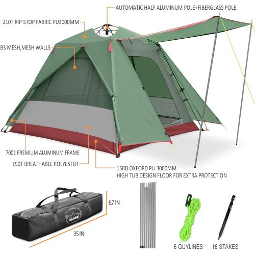  KAZOO Family Camping Tent Large Waterproof Pop Up Tents 3/4 Person Room Cabin Tent Instant Setup with Sun Shade Automatic Aluminum Pole