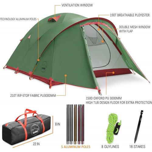  KAZOO Waterproof Backpacking Tent Ultralight 4 Person Lightweight Camping Tents 4 People Hiking Tents Aluminum Frame Double Layer