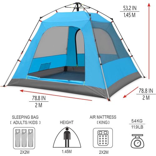  KAZOO Family Camping Tent Large Waterproof Pop Up Tents 3/4 Person Room Cabin Tent Instant Setup with Sun Shade Automatic Aluminum Pole