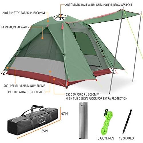  KAZOO Family Camping Tent Large Waterproof Pop Up Tents 3/4 Person Room Cabin Tent Instant Setup with Sun Shade Automatic Aluminum Pole