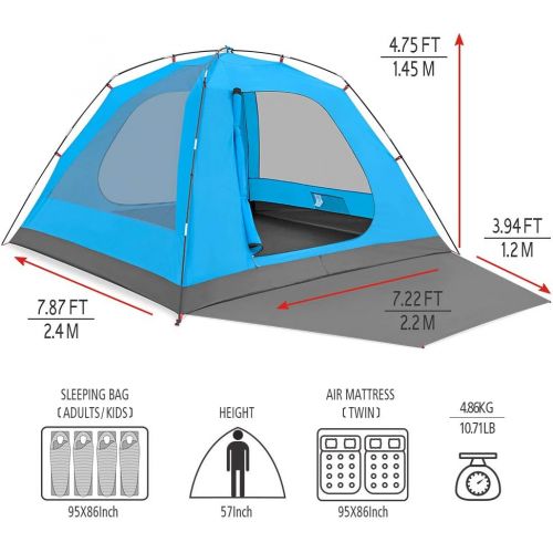  KAZOO Outdoor Camping Tent Durable Waterproof, Family Large Tents 4 Person, Easy Setup Tent with Porch Double Layer (Blue)