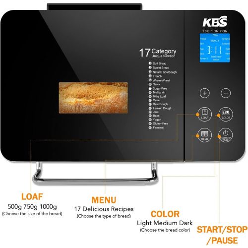  KBS Large 17-in-1?Bread Machine, 2LB?All Stainless Steel Bread Maker with Auto Fruit Nut Dispenser, Nonstick Ceramic Pan, Full Touch Panel Tempered Glass, Reserve& Keep Warm?Set, O