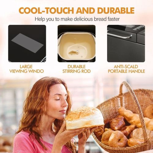  KBS Large 17-in-1?Bread Machine, 2LB?All Stainless Steel Bread Maker with Auto Fruit Nut Dispenser, Nonstick Ceramic Pan, Full Touch Panel Tempered Glass, Reserve& Keep Warm?Set, O