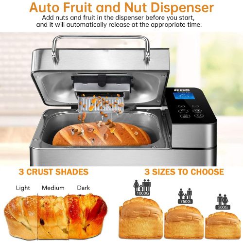  KBS Large 17-in-1?Bread Machine, 2LB?All Stainless Steel Bread Maker with Auto Fruit Nut Dispenser, Nonstick Ceramic Pan, Full Touch Panel Tempered Glass, Reserve& Keep Warm?Set, O