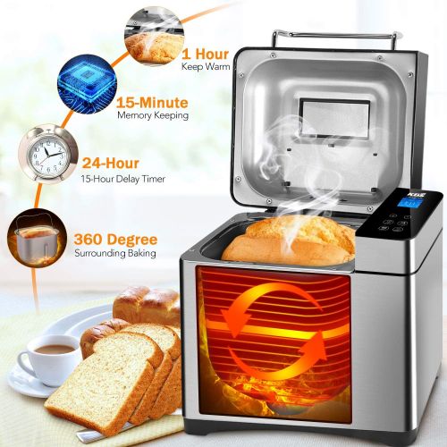  KBS Large 17-in-1?Bread Machine, 2LB?All Stainless Steel Bread Maker with Auto Fruit Nut Dispenser, Nonstick Ceramic Pan, Full Touch Panel Tempered Glass, Reserve& Keep Warm?Set, O