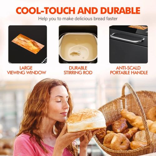  KBS 17-in-1 Bread Maker with Dual Heaters, 710W Bread Machine Brushed Stainless Steel with Gluten-Free Setting, Auto Fruit Nut Dispenser, Ceramic Pan& Touch Panel, 2LB Loaf 3 Crust