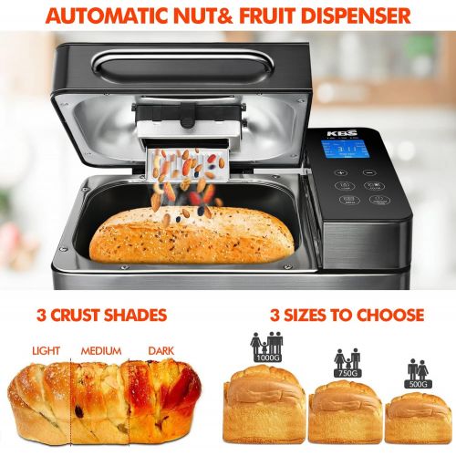  KBS 17-in-1 Bread Maker with Dual Heaters, 710W Bread Machine Brushed Stainless Steel with Gluten-Free Setting, Auto Fruit Nut Dispenser, Ceramic Pan& Touch Panel, 2LB Loaf 3 Crust