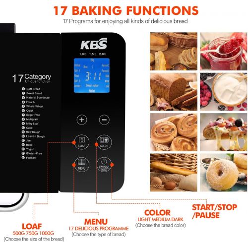  KBS 17-in-1 Bread Maker with Dual Heaters, 710W Bread Machine Brushed Stainless Steel with Gluten-Free Setting, Auto Fruit Nut Dispenser, Ceramic Pan& Touch Panel, 2LB Loaf 3 Crust