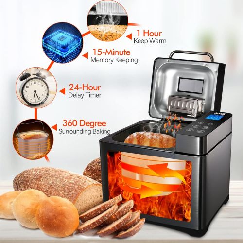  KBS 17-in-1 Bread Maker with Dual Heaters, 710W Bread Machine Brushed Stainless Steel with Gluten-Free Setting, Auto Fruit Nut Dispenser, Ceramic Pan& Touch Panel, 2LB Loaf 3 Crust