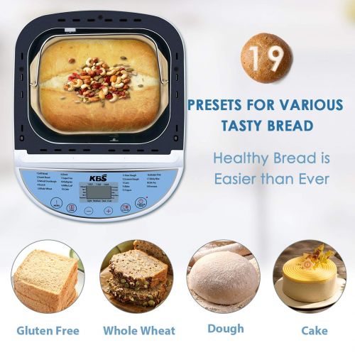  KBS Automatic Upgraded Bread Maker Machine, 19 Programs Including Gluten-Free Setting, 3 Crust Colors, 15 Hours Delay Time, 1 Hour Keep Warm, Easy Operation, 2 LB Large Capacity fo