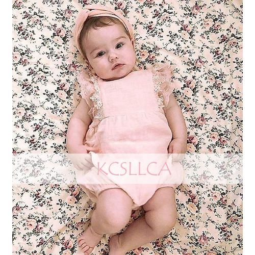  KCSLLCA Baby Girls Lace Romper Set Ruffle Sleeve Solid Color Onesie with Headband