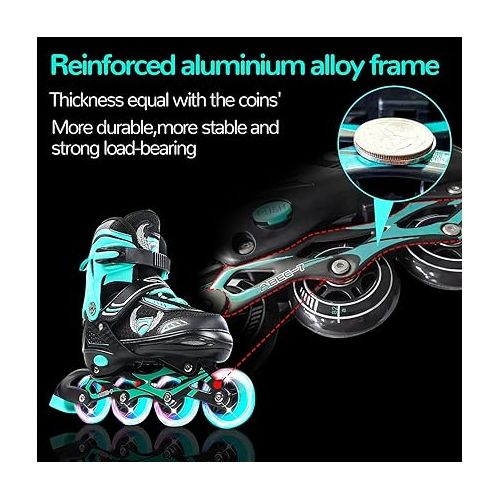  KDJ Inline Skates for Kids,Adjustable Roller Skates with 4 Illuminating Pu Wheels,Outdoors Indoors Roller Skates for Boys Girls Beginners