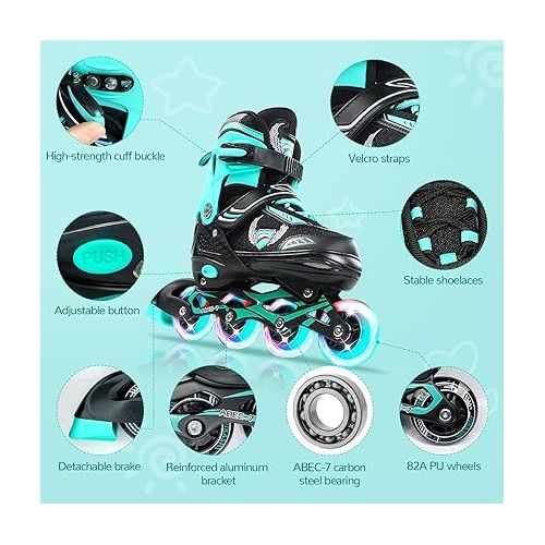  KDJ Inline Skates for Kids,Adjustable Roller Skates with 4 Illuminating Pu Wheels,Outdoors Indoors Roller Skates for Boys Girls Beginners