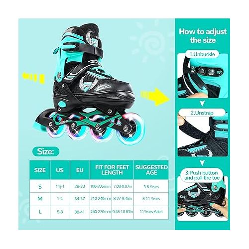  KDJ Inline Skates for Kids,Adjustable Roller Skates with 4 Illuminating Pu Wheels,Outdoors Indoors Roller Skates for Boys Girls Beginners