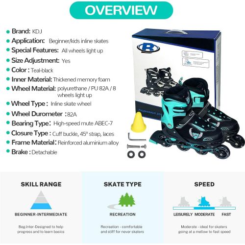  KDJ Adjustable Inline Skates, Roller Blades for Girls, Roller Blades for Boys : Roller Skates with 8 Illuminating Pu Wheels, Outdoors Indoors High Performance Roller Blades for Kids Wo