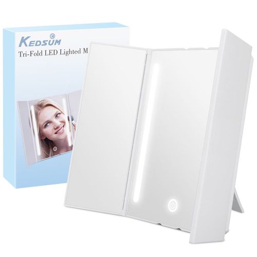  KEDSUM Trifold Lighted Makeup Mirror,LED Travel Vanity Mirror with Lights,Tabletop Mirror with 5X Pocket Mirror, Large Dimmable Touch Screen, Batteries or USB Charging