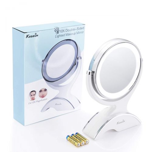  1X/10X Magnifying Double Side Lighted Makeup Mirror, KEDSUM Regular/Magnifying Mirror with lights, Battery Powered, 360°Rotation for Countertop Vanity Makeup, with 3 Free Batteries