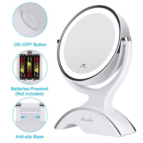  1X/10X Magnifying Double Side Lighted Makeup Mirror, KEDSUM Regular/Magnifying Mirror with lights, Battery Powered, 360°Rotation for Countertop Vanity Makeup, with 3 Free Batteries