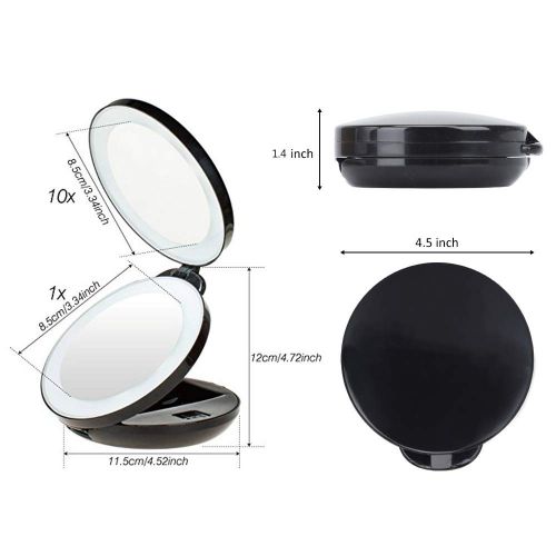  KEDSUM 1X/10X Double Sided LED Lighted Makeup Mirror- Compact Folding Vanity and Travel Mirror (Black)