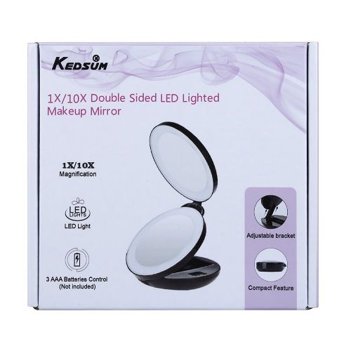  KEDSUM 1X/10X Double Sided LED Lighted Makeup Mirror- Compact Folding Vanity and Travel Mirror (Black)