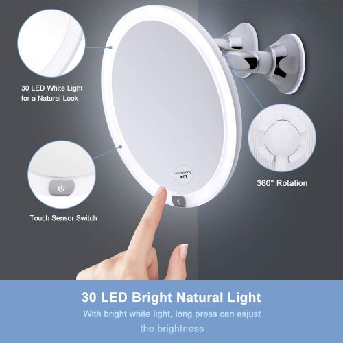  KEDSUM 9 Rechargeable 10x Magnifying Makeup Mirror with Lights, Dimmable Lighted Vanity Mirror with Magnification and Dual Suction Cup, Touch Button